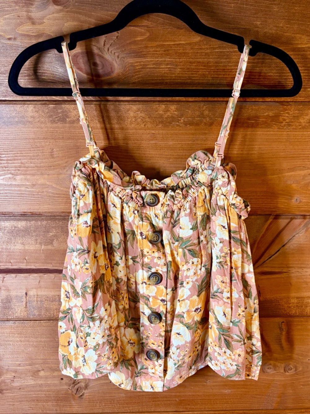 American Eagle Outfitters Pink and Yellow Floral Button-Front Crop Cami